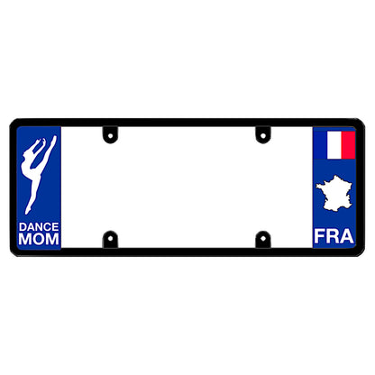 French license plate frame by DFS featuring a patented elongated design with a dancer silhouette and "DANCE MOM" text on the left wing, and the France tricolor flag, FRA text, and France map outline on the right