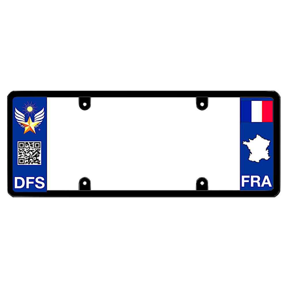 French license plate frame by DFS featuring a patented elongated design with the official DFS logo, a scannable QR code, and DFS text on the left wing, and the France tricolor flag, FRA text, and France map outline on the right. DFS the Official license frame of America to drive your identity