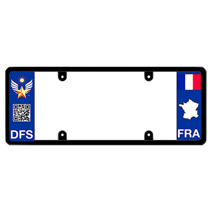 French license plate frame by DFS featuring a patented elongated design with the official DFS logo, a scannable QR code, and DFS text on the left wing, and the France tricolor flag, FRA text, and France map outline on the right. DFS the Official license frame of America to drive your identity