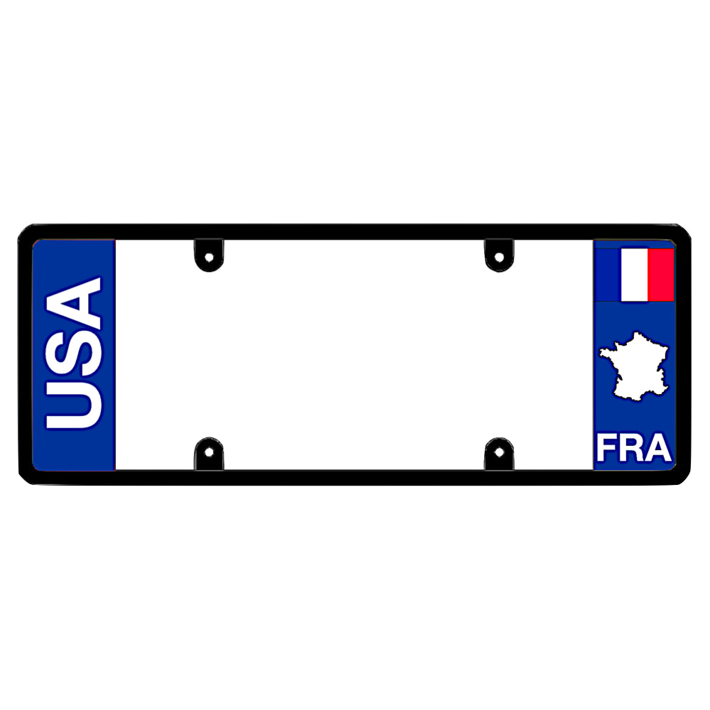 French license plate frame by DFS featuring a patented elongated design with large vertical USA text on the blue left wing, and the France tricolor flag, FRA text, and France map outline on the right