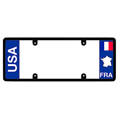 French license plate frame by DFS featuring a patented elongated design with large vertical USA text on the blue left wing, and the France tricolor flag, FRA text, and France map outline on the right