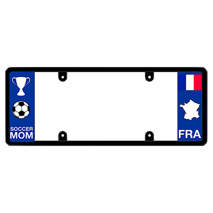 French license plate frame by DFS featuring a patented elongated design with a soccer ball, trophy, and "SOCCER MOM" text on the left wing, and the France tricolor flag, FRA text, and France map outline on the right