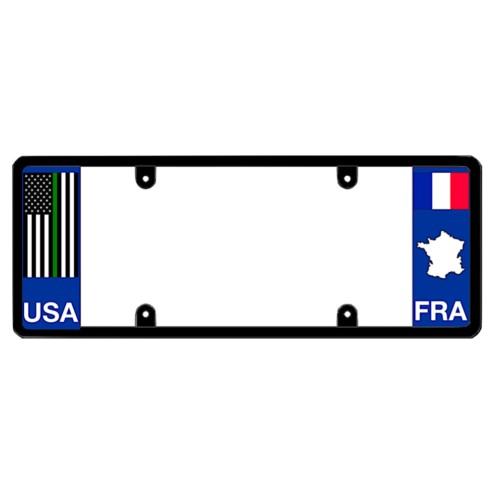 French license plate frame by DFS featuring a patented elongated design with a thin green and blue line USA flag on the left wing, and the France tricolor flag, FRA text, and France map outline on the right