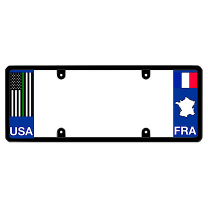 French license plate frame by DFS featuring a patented elongated design with a thin green and blue line USA flag on the left wing, and the France tricolor flag, FRA text, and France map outline on the right