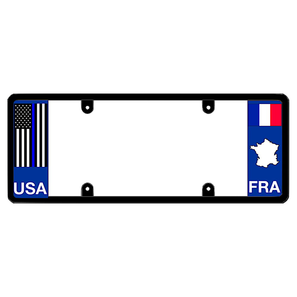 French license plate frame by DFS featuring a patented elongated design with a thin blue line USA flag on the left wing, and the France tricolor flag, FRA text, and France map outline on the right