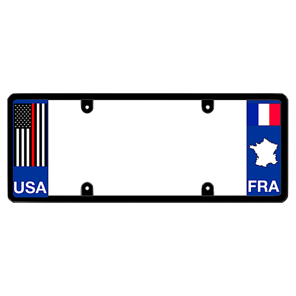 French license plate frame by DFS featuring a patented elongated design with a thin red line USA flag on the left wing, and the France tricolor flag, FRA text, and France map outline on the right