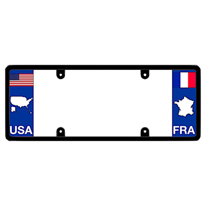 France license plate frame with USA and France FRA flags on a white background