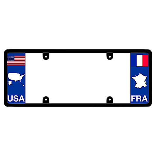 France license plate frame with USA and France FRA flags on a white background