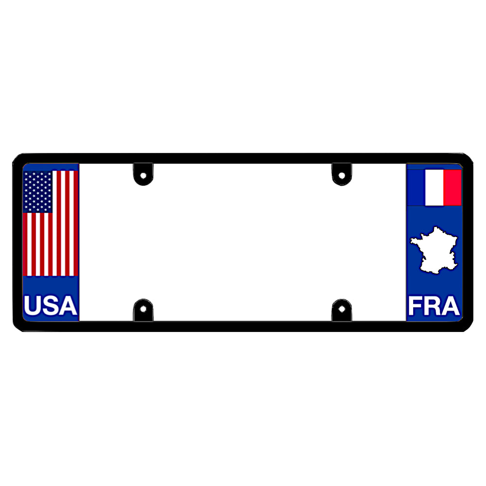 French license plate frame by DFS featuring a patented elongated black border with the USA flag on the left wing and the France tricolor flag, country map outline, and FRA text on the right wing