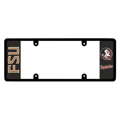 FSU license plate frame and Florida State University alumni auto decor displaying a matte black finish with matching school colors and Seminoles graphics. Built with a unique, non-blocking sleek elongated layout that is 100% legal, patented by DFS the official license plate frame of America. DFSbrands.com.
