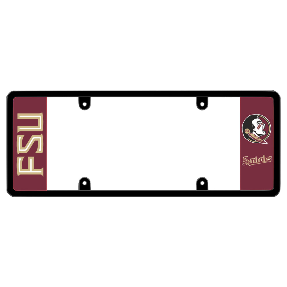 Florida State license plate frame and FSU Seminoles car accessories showcasing garnet maroon team colored side panels with bold lettering and college mascot graphic. Features a zero-obstruction, 100% legal sleek elongated car tag border patented DFS the official license frame of America. DFSbrands.com