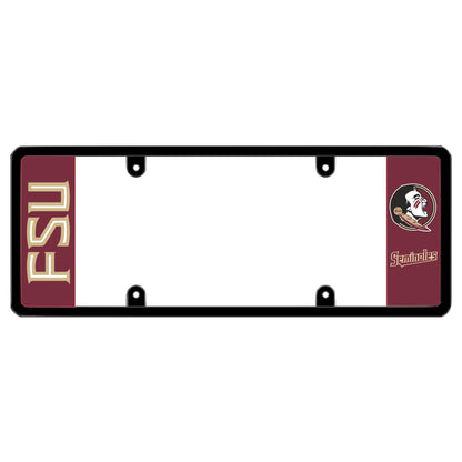 Florida State license plate frame and FSU Seminoles car accessories showcasing garnet maroon team colored side panels with bold lettering and college mascot graphic. Features a zero-obstruction, 100% legal sleek elongated car tag border patented DFS the official license frame of America. DFSbrands.com