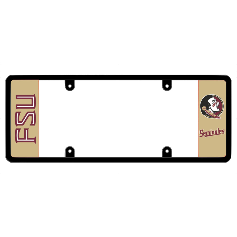 FSU license plate frame and Florida State Seminoles car accessories featuring gold panels with vertical FSU letters and the Chief Osceola logo. This sleek, non-obstructing, 100% street-legal elongated truck frame is an exclusive patented by DFS the official license frame of America. DFSbrands.com
