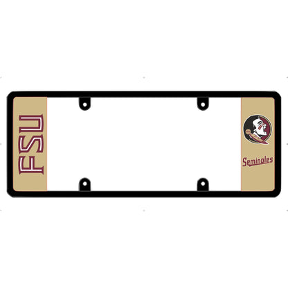 FSU license plate frame and Florida State Seminoles car accessories featuring gold panels with vertical FSU letters and the Chief Osceola logo. This sleek, non-obstructing, 100% street-legal elongated truck frame is an exclusive patented by DFS the official license frame of America. DFSbrands.com
