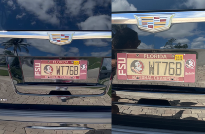 Side-by-side view of an elongated FSU Seminoles license plate frame mounted on a black Cadillac Escalade SUV | patented by DFS the official license frame of America, drive your identity, DFSbrands.com
