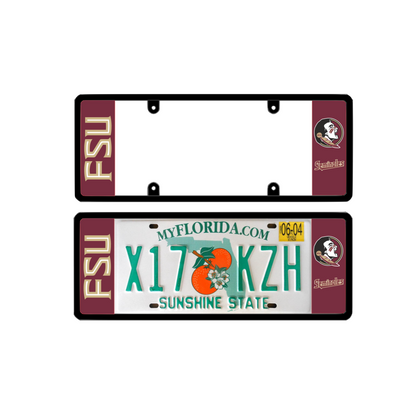 Elongated FSU Seminoles license plate frame shown empty and mounted on a Florida Sunshine State license plate.
