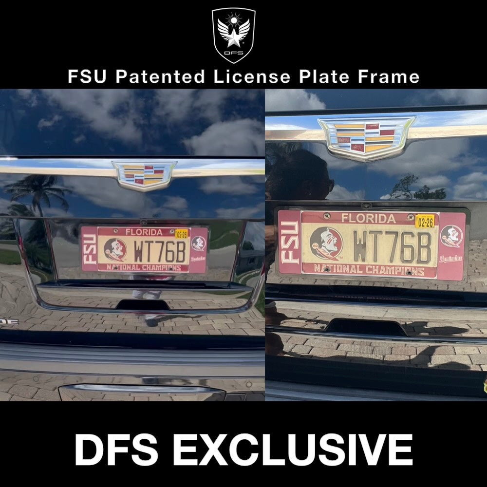 FSU Patented  license plate frame installed on Cadillac Escalade. Florida license plate beautified by DFS patented License plate frame with FSU Seminoles option. DFS Exclusivity.