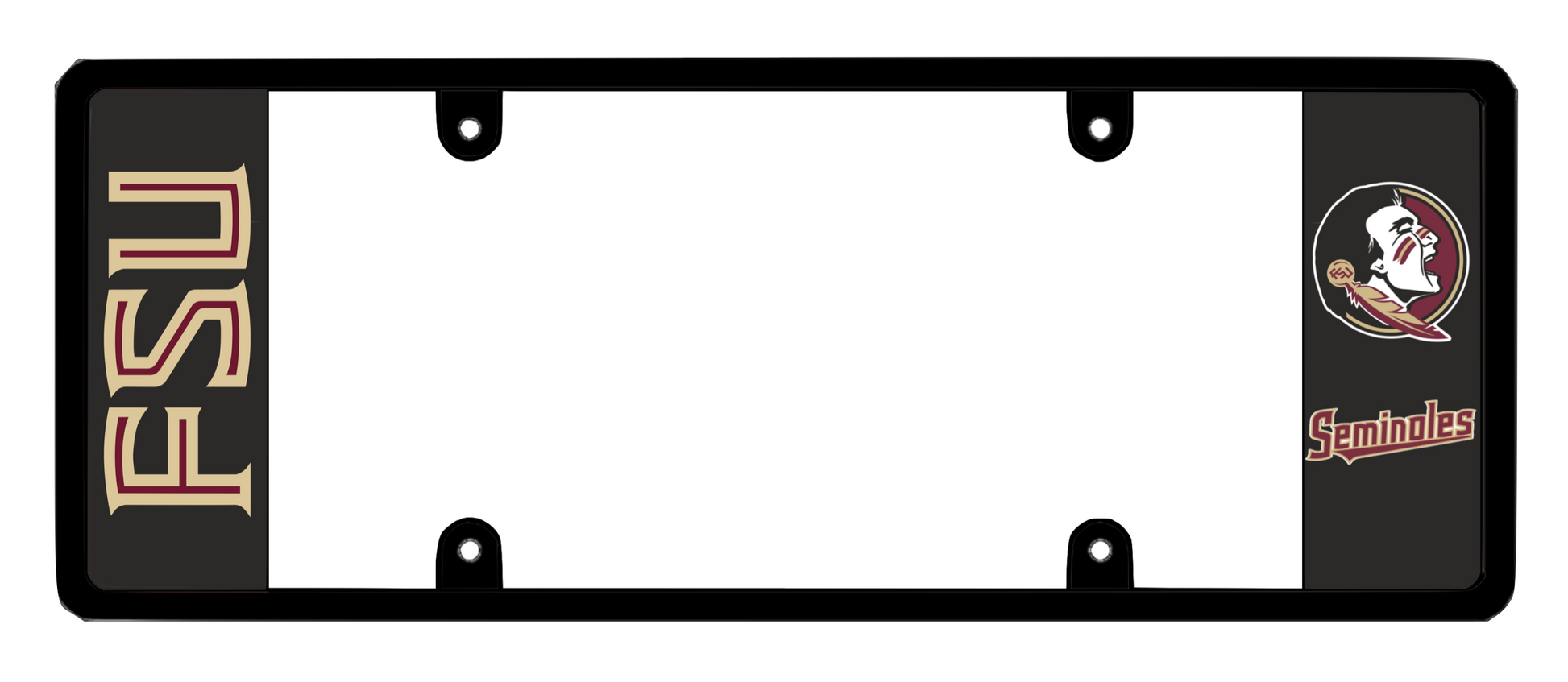 Black unique license plate frame with 'FSU'  garnet logo  