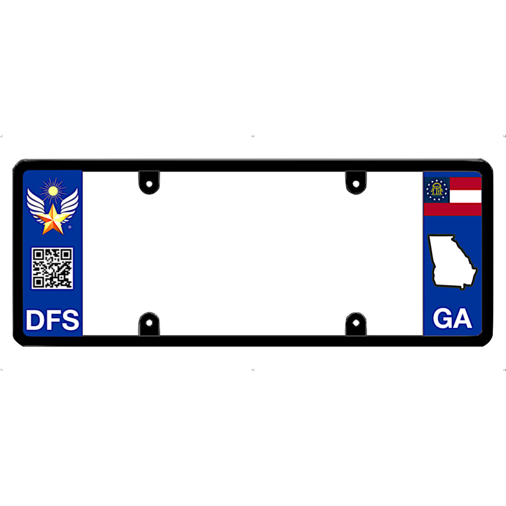 Black license plate frame with Georgia state outline and DFS logo on a white background