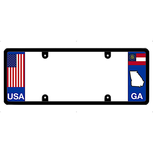 License plate frame with USA and Georgia flags on a white background