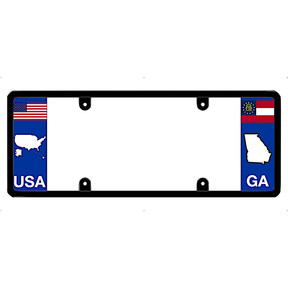 License plate frame with USA and Georgia (GA) designs on a white background