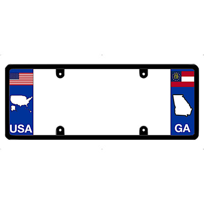 License plate frame with USA and Georgia (GA) designs on a white background