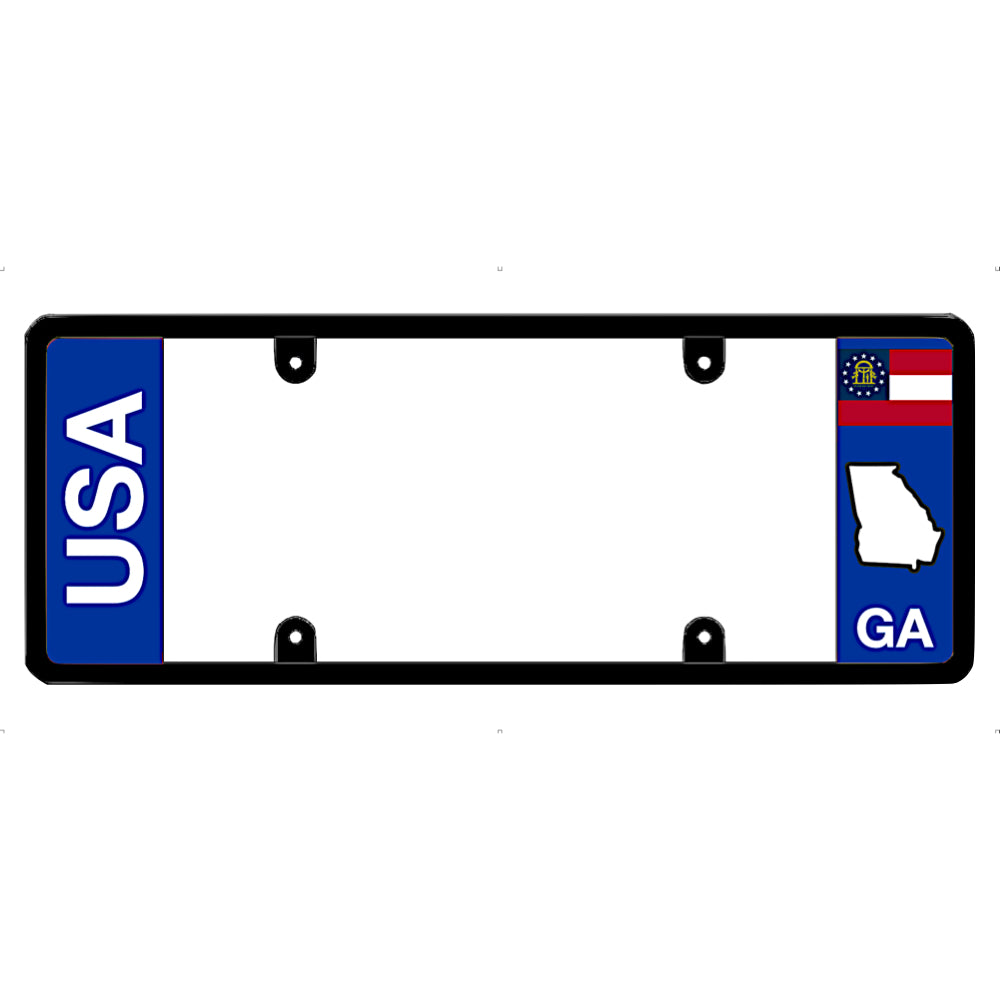 Georgia license plate frame with 'USA' and 'GA' text on a white background