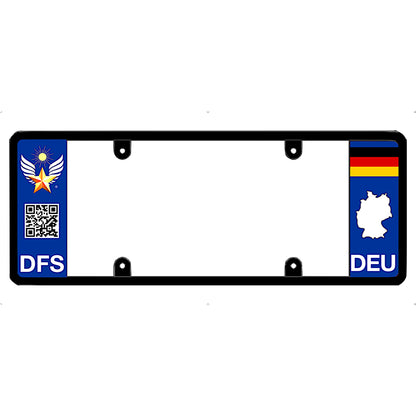 Car license plate frame with German and American symbols on a white background