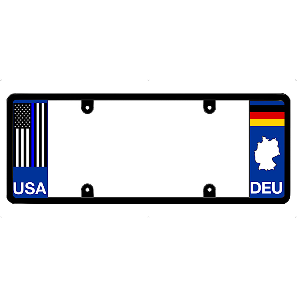 Thin blue line license plate frame with USA and DEU (Germany) flags on a white background