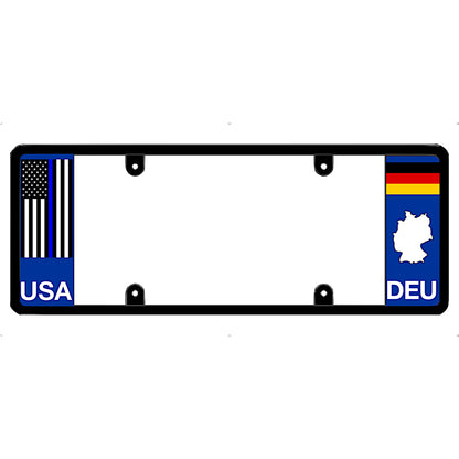 Thin blue line license plate frame with USA and DEU (Germany) flags on a white background