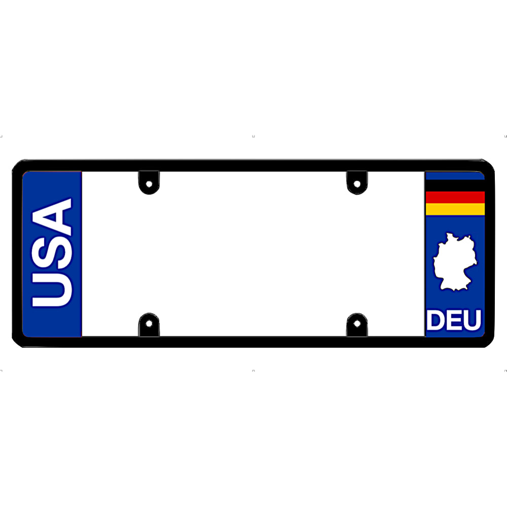License plate frame with USA and DEU (Germany) text on a white background