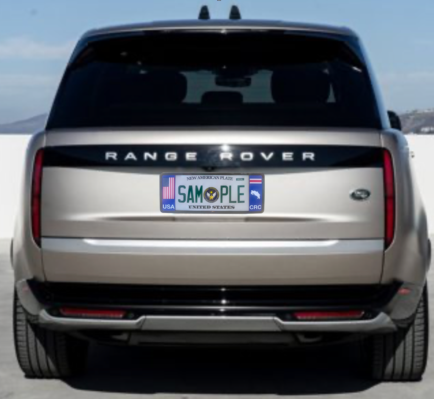 Gold range rover with the unique license plate frame patented by DSF the official license frame of America, Drive your identity.