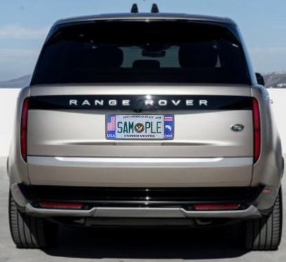 Gold range rover with the unique license plate frame patented by DSF the official license frame of America, Drive your identity.