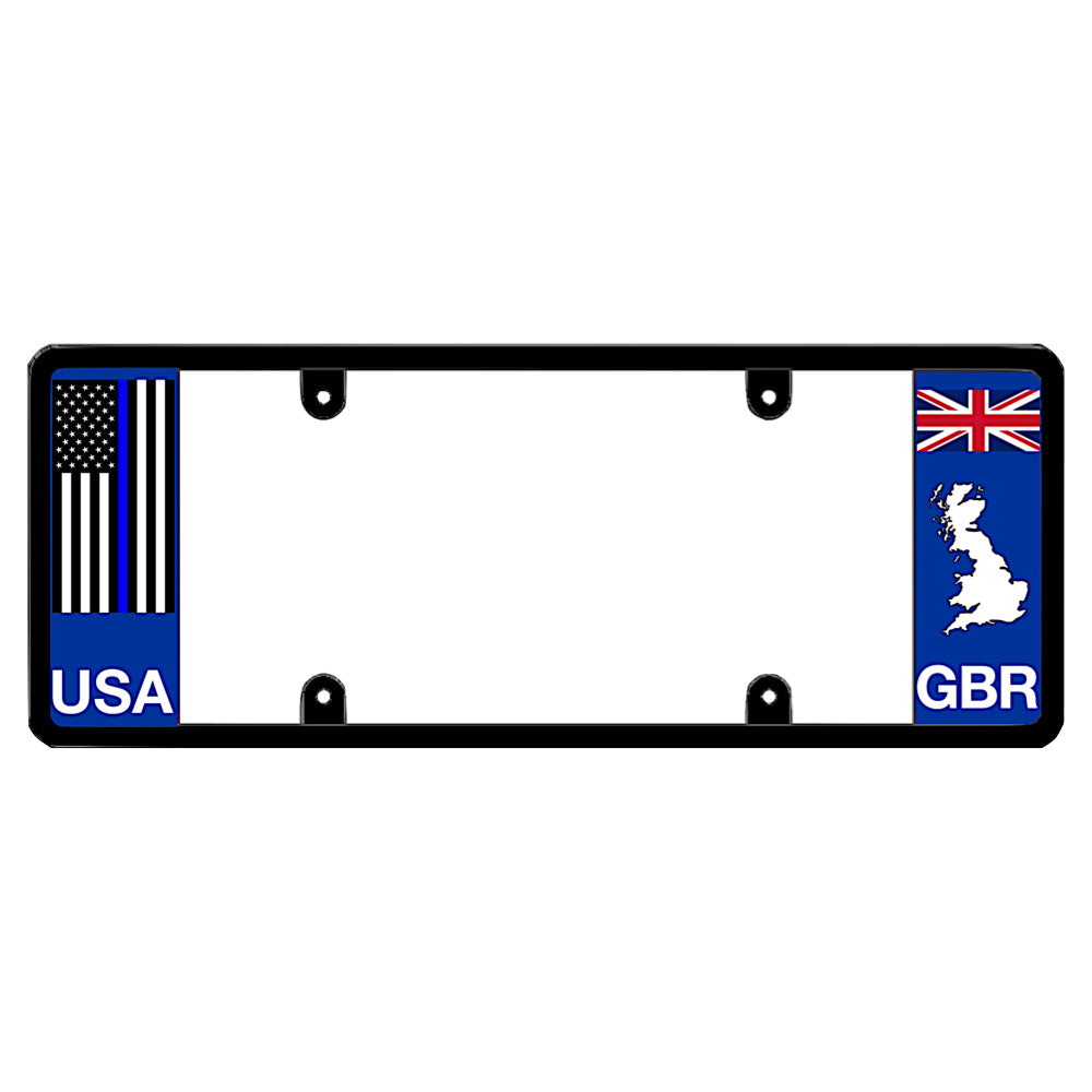 Black license plate frame featuring a thin blue line American flag above white USA lettering on the left blue panel, and a British Union Jack flag above a white Great Britain map outline and GBR lettering on the right blue panel