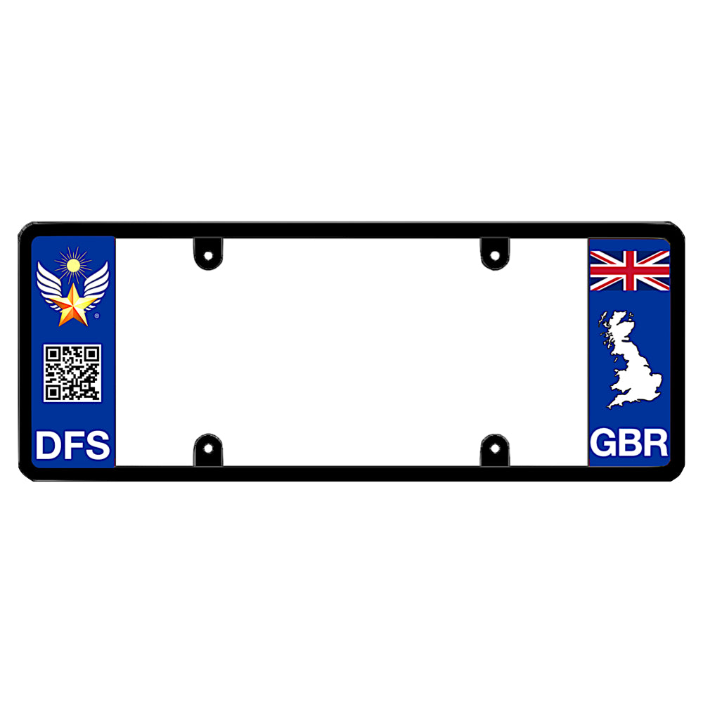 Black license plate frame featuring a blue left panel with the DFS logo, a scannable QR code, and white DFS text, and a blue right panel featuring the United Kingdom Union Jack flag above a white UK map shape and GBR text