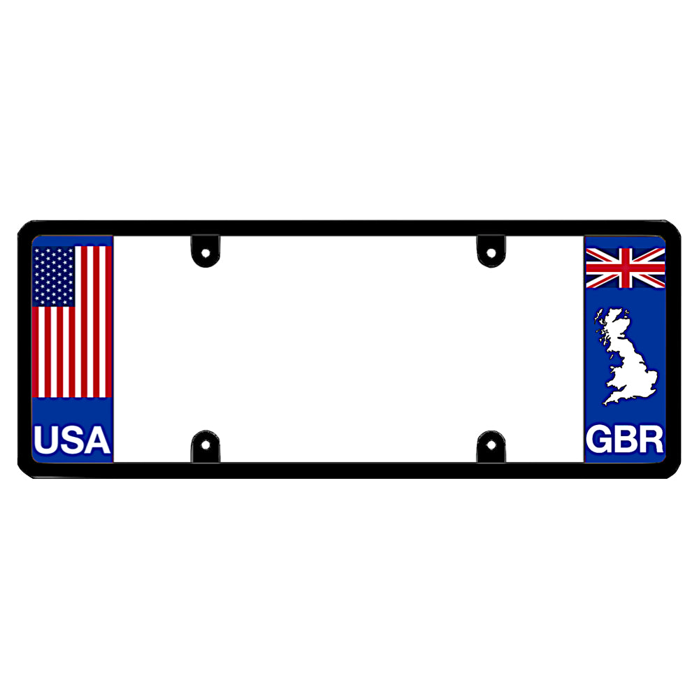 Black DFS license plate frame featuring a traditional red, white, and blue American flag above white USA lettering on the left blue panel, and a British Union Jack flag above a white Great Britain map outline and GBR lettering on the right blue panel