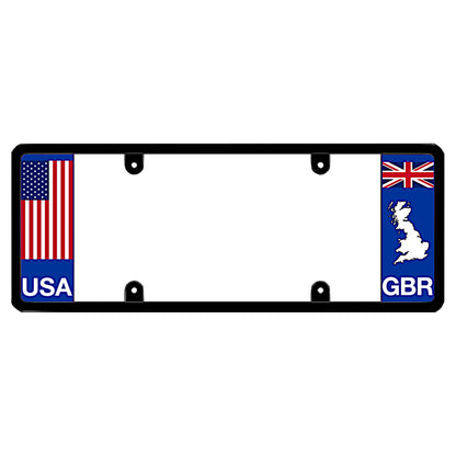 Black DFS license plate frame featuring a traditional red, white, and blue American flag above white USA lettering on the left blue panel, and a British Union Jack flag above a white Great Britain map outline and GBR lettering on the right blue panel