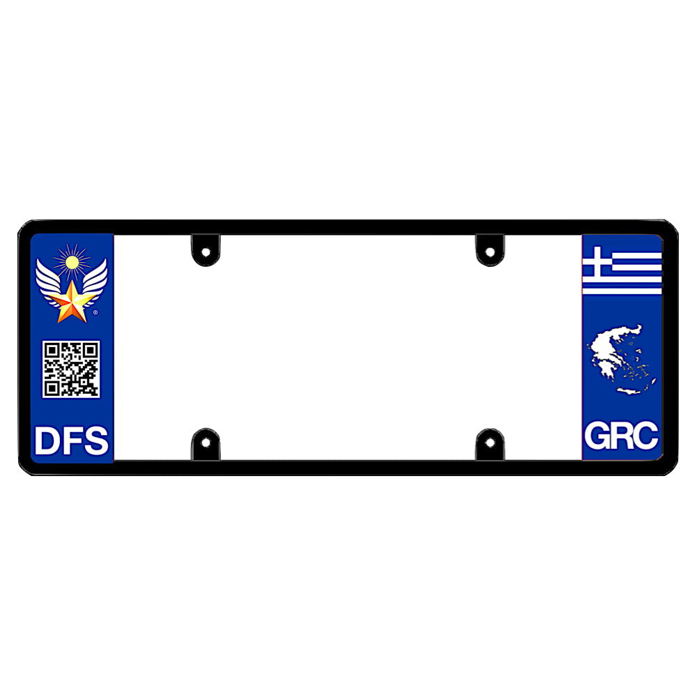License plate frame with a scan QR code panel on the left and a Greece flag on the right by DFS Brands.