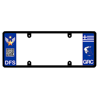 License plate frame with a scan QR code panel on the left and a Greece flag on the right by DFS Brands.