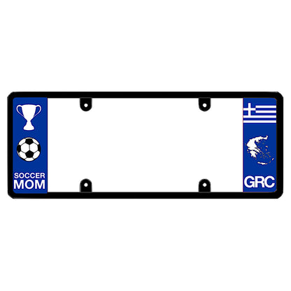 License plate frame with a soccer mom graphic on the left and a Greece flag on the right by DFS Brands.
