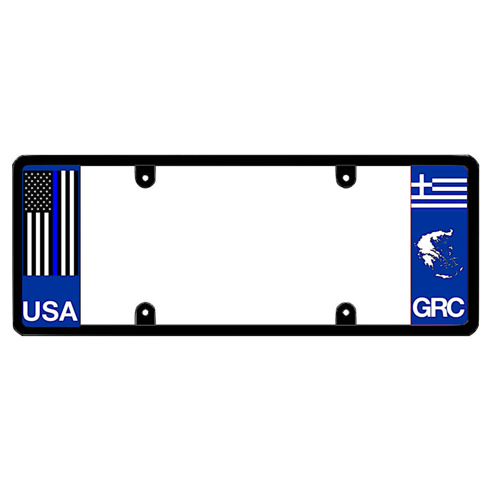 License plate frame with a thin blue line flag on the left and a Greece flag on the right by DFS Brands.