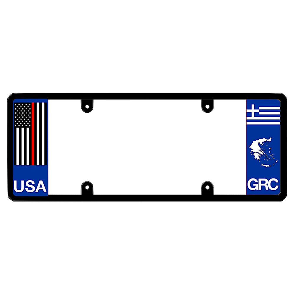 License plate frame with a thin red line flag on the left and a Greece flag on the right by DFS Brands.