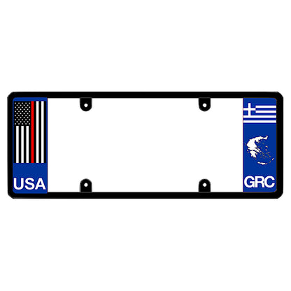License plate frame with a thin red line flag on the left and a Greece flag on the right by DFS Brands.