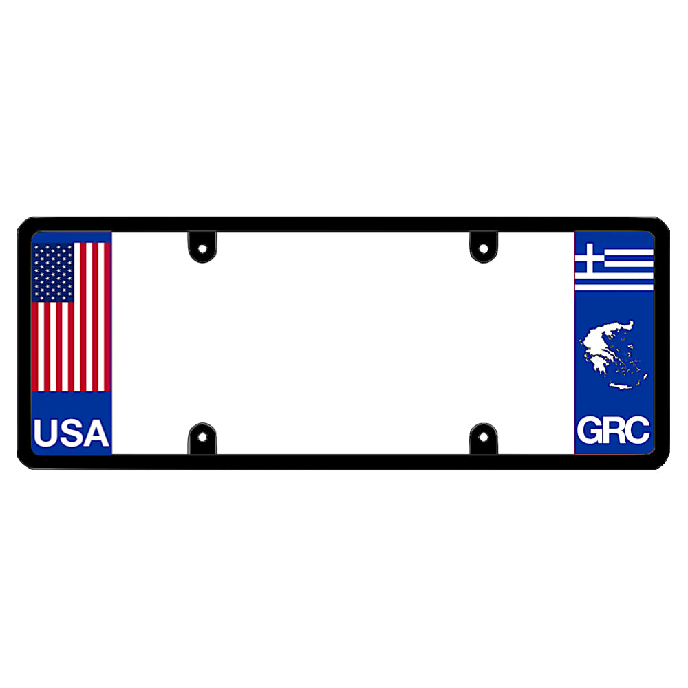 License plate frame with a USA flag graphic on the left and a Greece flag on the right by DFS Brands.