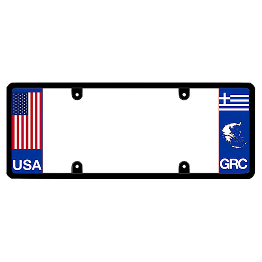 License plate frame with a USA flag graphic on the left and a Greece flag on the right by DFS Brands.