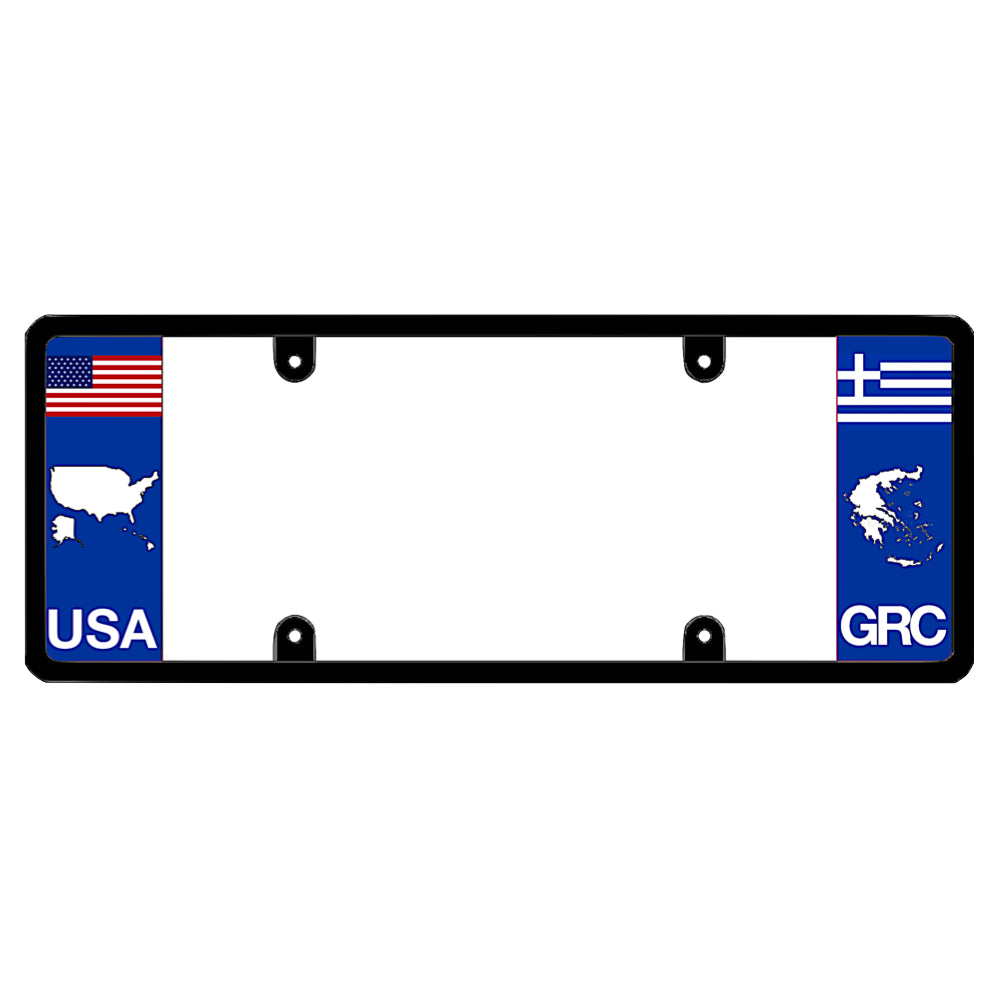 License plate frame with a USA map graphic on the left and a Greece flag on the right by DFS Brands.