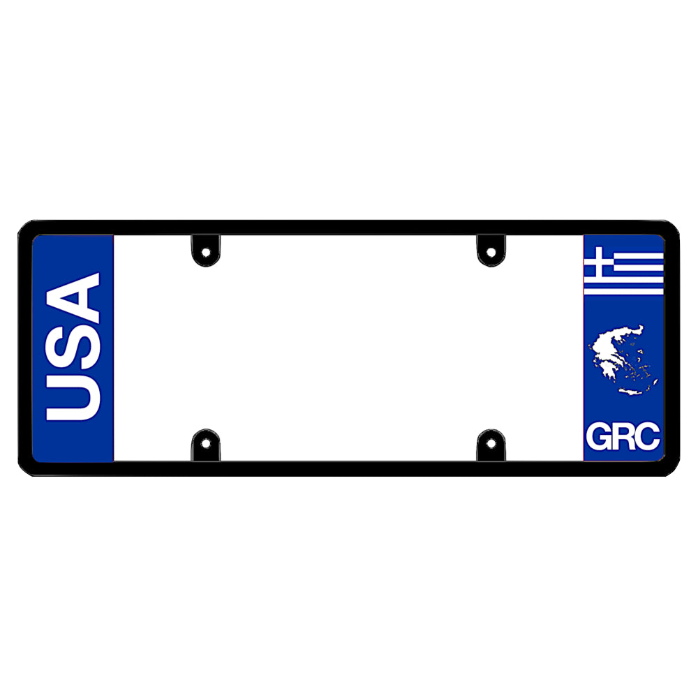 License plate frame with bold vertical USA text on the left and a Greece flag on the right by DFS Brands.
