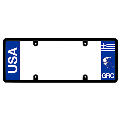 License plate frame with bold vertical USA text on the left and a Greece flag on the right by DFS Brands.