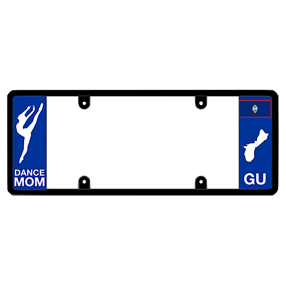 License plate frame with a dance mom graphic on the left and a Guam flag on the right by DFS Brands.