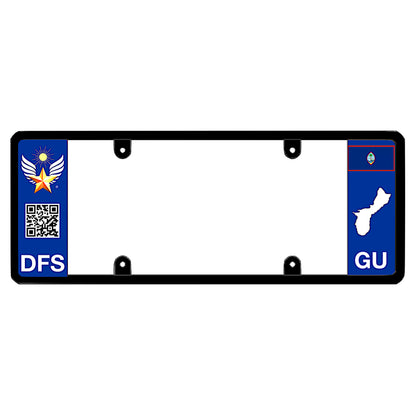 License plate frame with a scan QR code panel on the left and a Guam flag on the right by DFS Brands.
